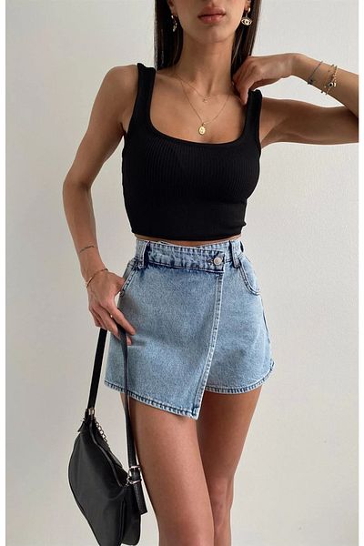 MAKRAS EXCLUSIVE MR Snow Wash Asimetric Jean Pantaloni scurți din denim Fustă Închidere față detaliată