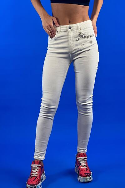 Miss Poem White High Waist Stone And Pearl Embroidered Jeans Skinny Denim Pants 100% Cotton