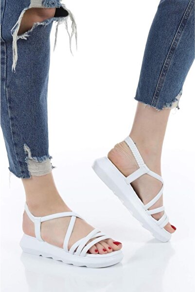 Weynes Sandale albe cu dungi cu talpă plată de damă