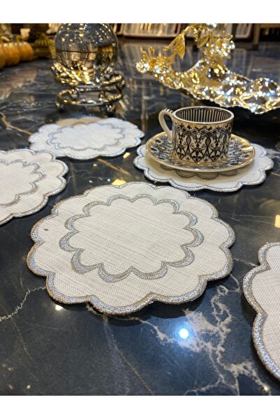 Teksev Șervețel de prezentare pentru cocktail, cafea, 6 bucăți, gri argintiu Galaxy, șervețel de prezentare Maras Work Glaze Broderie Brodat Gardenia Bol de prezentare