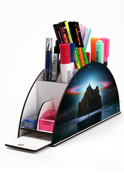 kutuTR Wooden Vip Space Series Rainbow Ruled Desktop Pen Holder Organizer with Assembled Box