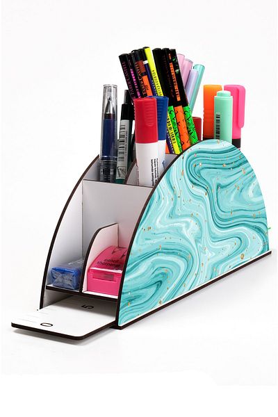 kutuTR Wooden Vip Marble Series Rainbow Ruled Desktop Pen Holder Organizer with Assembled Box