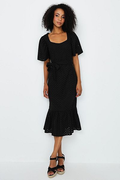 Select Moda Women's Black Balloon Sleeve Skirt Frilly Brode Dress