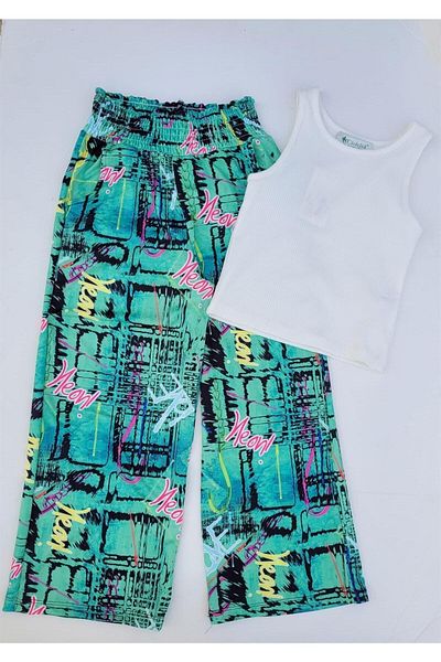 Zekids Set pantaloni largi cu imprimeu cu litere, bluză cu nervuri pentru fete