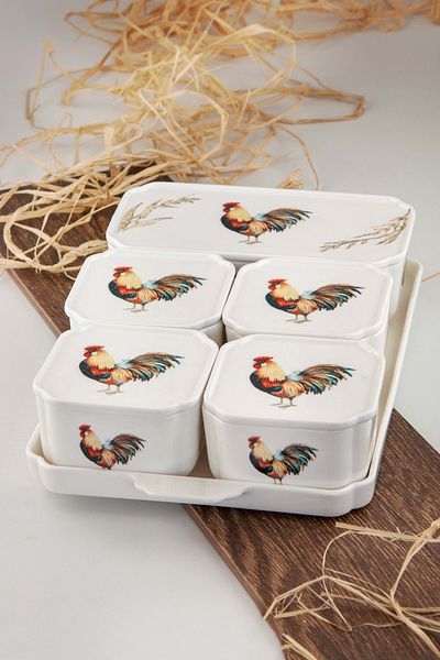 Bursa Porselen Dekor Retro Rooster 5-Piece Porcelain Breakfast Bowl with Lid