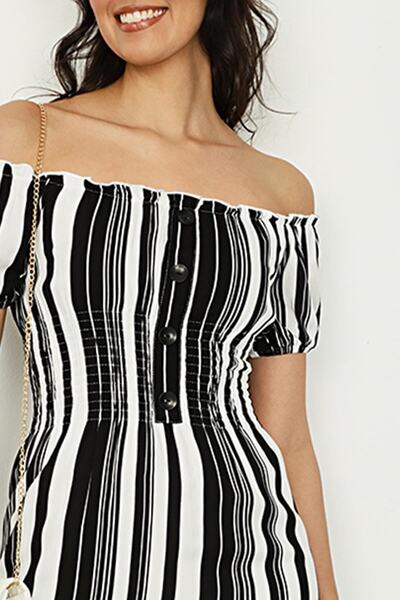 Select Moda Rochie de damă neagră, cu guler Carmen, cu nasturi și detaliu Gipe