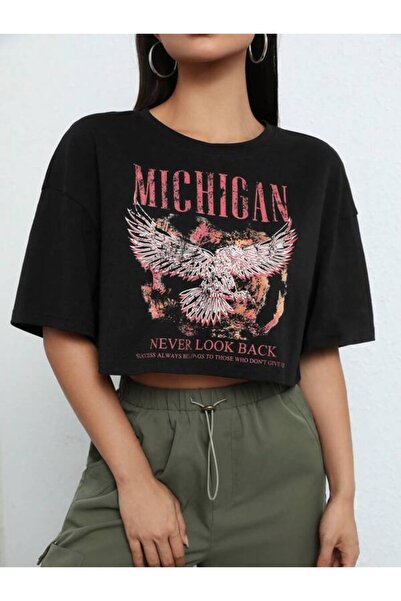 trendgar Μαύρο oversize crop μπλουζάκι με στάμπα Michigan