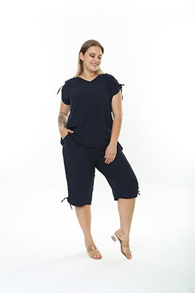 XL Modam Women's Large Size Ayrobin Fabric Navy Blue Capri Set