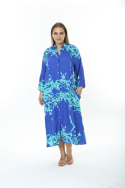 XL Modam WOMEN'S LARGE SIZE WOVEN VISKOSE BLUE SKIN BLUE PATTERNED SHIRT DRESS