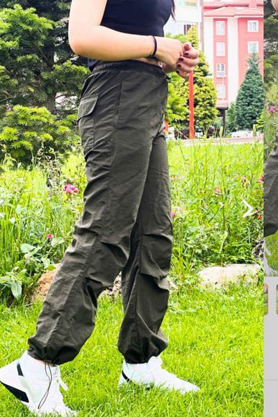 fmnbutik Girl's Parachute Fabric Adjustable Elastic Comfortable High Waist Loose Pocket Detail Cut Pants