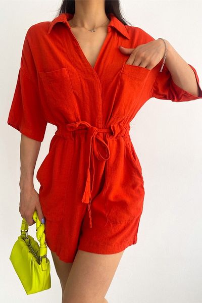 FEMELLE Women's Double Pocket, Waist Gathered, Belted Linen Jumpsuit