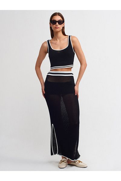 Dilvin 80109 Fustă tricotaje cu jumătate de fante - negru - ecru