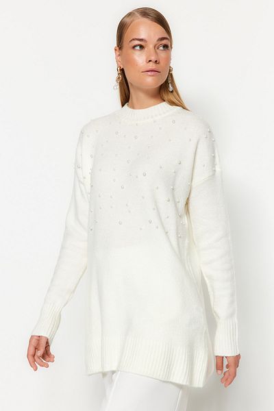 Trendyol Modest Ecru Pearl Detailní pletený svetr TCTAW24AK00131