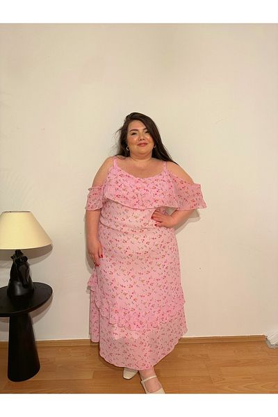 Kendinisevbutik Pink Chiffon Plus Size Floral Lined Dress