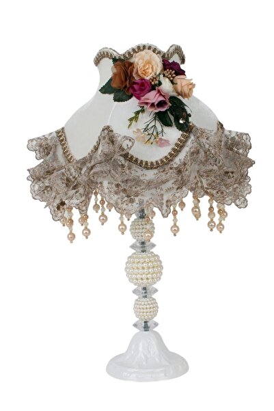 Dekovien Kadife Kaplı Çiçek Dekorlu Abajur Ekru Vizon