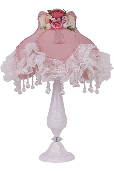 Dekovien Kadife Kaplı Çiçek Dekorlu Abajur Pudra