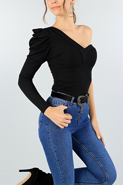 4S1B FASHION Γυναικεία μπλούζα με λεπτομέρεια στον έναν ώμο με μαύρη επένδυση μέχρι το στήθος