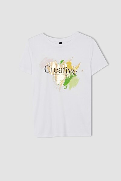 DeFacto Tričko Regular Fit s krátkým rukávem a potištěným výstřihem