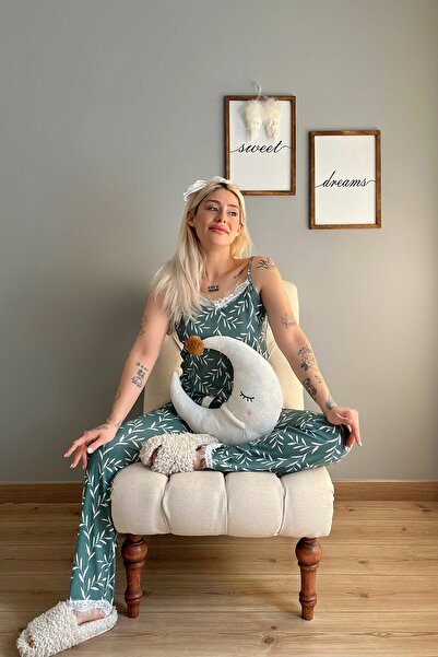 Pijamaevi Yeşil Zeytin Dalı Dantelli Ip Askılı Örme Kadın Pijama Takımı