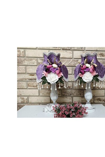 Dekovien Çiçek Dekorlu Abajur 2 Adet Özel Tasarım Dekoratif Eşya