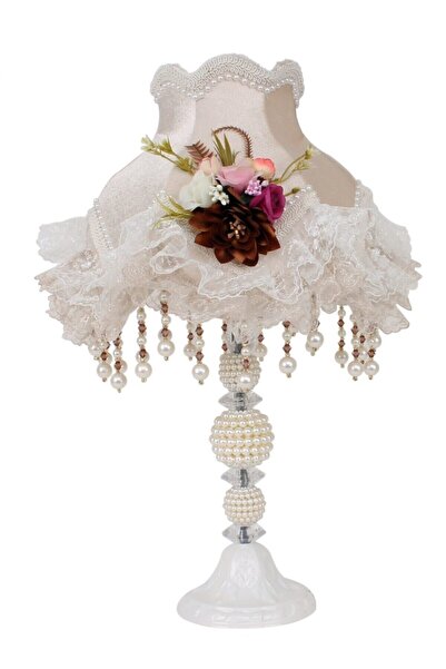 Dekovien Abajur Klasik Çiçekli Vintage Model Açık Vizon