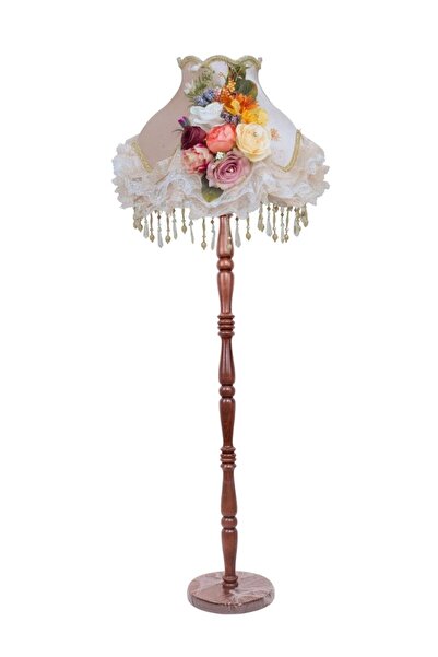 Dekovien Ahşap Ayak Vizon Renk Kadife Kaplı Çiçek Süslemeli Lambader