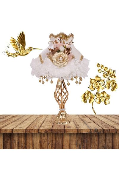 Dekovien Ecru Gold Classic Model - Flower Decorated Lampshade