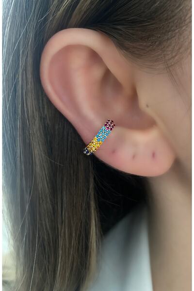 Pinery Jewels VIP SERİ - Kare Renkli Zirkon Taşlı Kıkırdak Küpe Earcuff