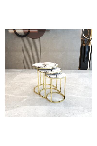 Lion Lioon Art Gold Metal Ayaklı Temperli Cam Beyaz-sarı 3'lü Zigon Sehpa