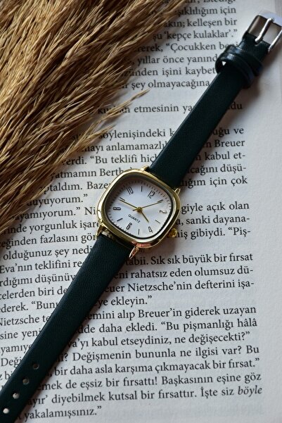 QUARTZ Minimal Vintage Dark Green Rose Gold Leather Wristwatch