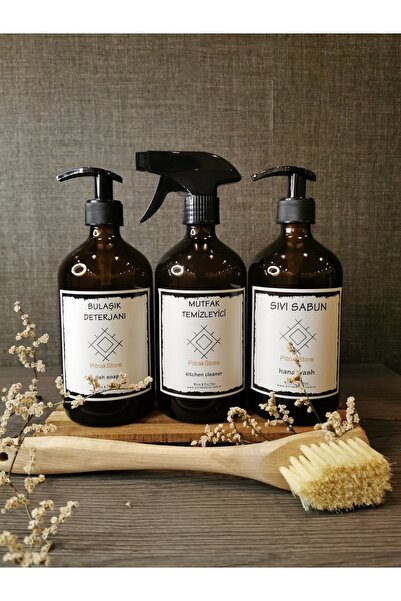 PitrakStore Fırça Çıtalı Stant 3'Lü Amber Cam Bulaşık Deterjanı Mutfak Temizl...