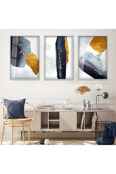 Zevahir Mobilya Dekorasyon Set de pictură din sticlă triplă irezistibilă cu model abstract cu cadru metalic argintiu