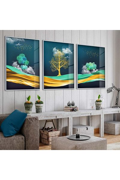 Zevahir Mobilya Dekorasyon Set de pictură din sticlă triplă irezistibilă cu model abstract cu cadru metalic argintiu