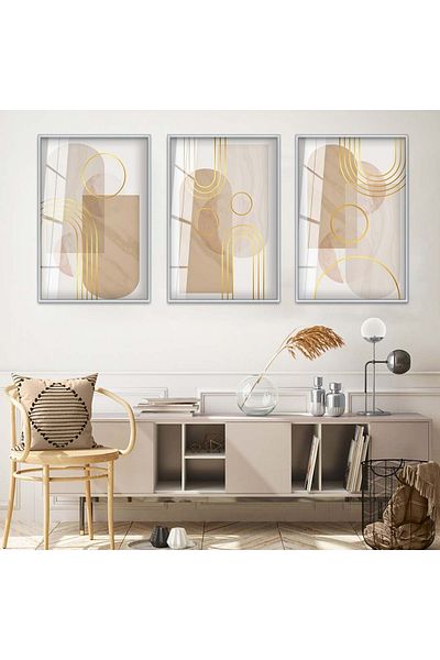 Zevahir Mobilya Dekorasyon Set de pictură din sticlă triplă, cu model abstract, cu cadru metalic argintiu