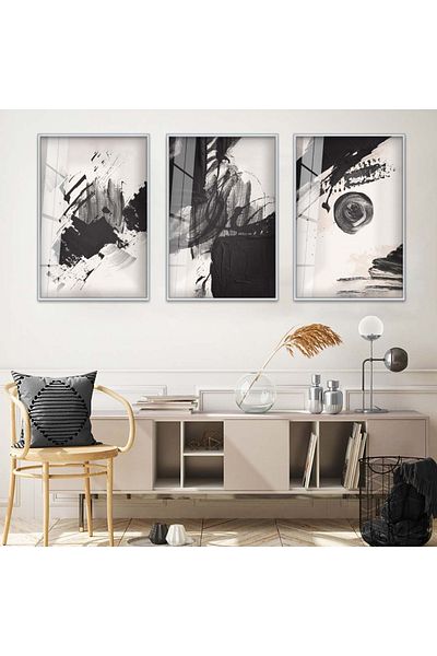 Zevahir Mobilya Dekorasyon Set de pictură din sticlă triplă, cu model abstract, cu cadru metalic argintiu