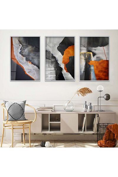 Zevahir Mobilya Dekorasyon Set de pictură din sticlă triplă irezistibilă cu model abstract cu cadru metalic argintiu