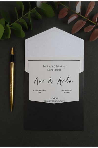 Pixel Davetiye Siyah Kapaklı - 100 Adet Düğün Davetiye Altın Yaldızlı - Düğün - Nişan - Kına Sünnet Davetiyesi-3141