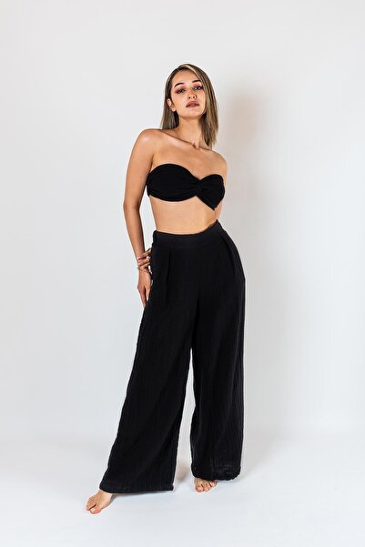 Zeliha Baysan Women's Muslin Loose Palazzo Black Trousers