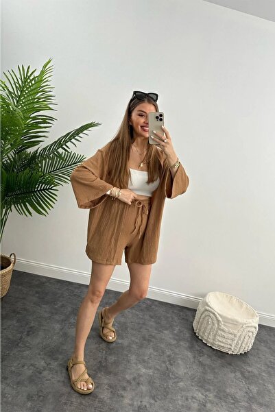 HARMONY GLOBAL Kimono Seersucker Set with Shorts CAMEL