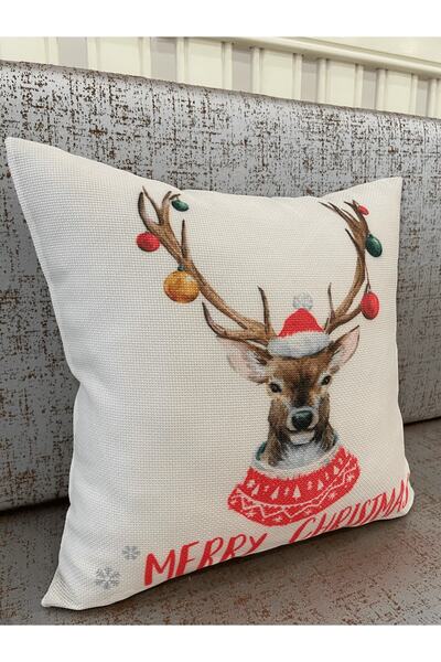 Brillant Yılbaşı Geyik Desenli Keten Görünümlü Kırlent Yastık Kılıfı - Ekru (...