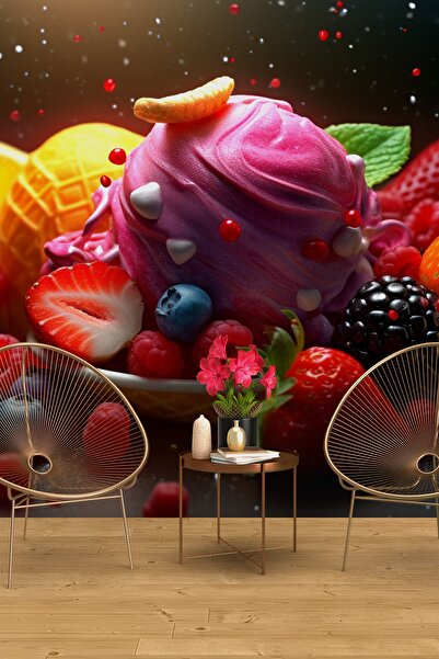 Dekoros 3d Meyveli Dondurma Illüstrasyonu Duvar Kağıdı Tek Parça Desen Tutturmasız Duvar Dekoru