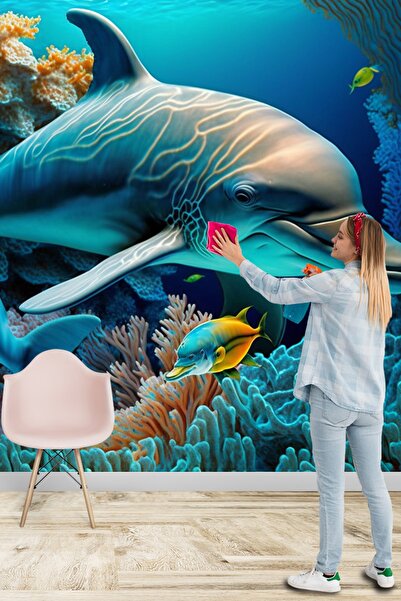 Dekoros 3d Gerçekçi Yunuslar Tek Parça Duvar Kağıdı, Sualtı Manzara Posterler...