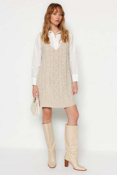 Trendyol Collection Mini-Gilet-Kleid aus Strick mit geflochtenem Haar in Steinoptik - TWOAW24EL00097