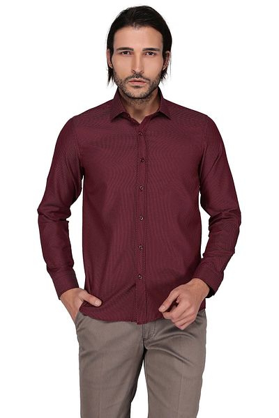 Buenza Plaid 3275 Long Sleeve Slim Fit Shirt-Burgundy - 3B8M0254D209