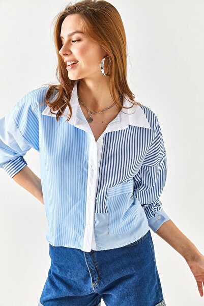 Olalook Cămașă țesătură crop cu buzunare, albastru bleumarin pentru femei GML-19001132