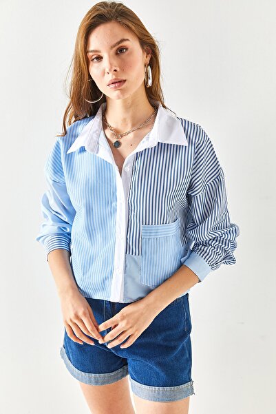 Olalook Cămașă țesătură crop cu buzunare, albastru bleumarin pentru femei GML-19001132