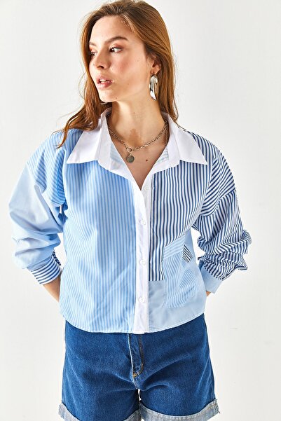 Olalook Cămașă țesătură crop cu buzunare, albastru bleumarin pentru femei GML-19001132