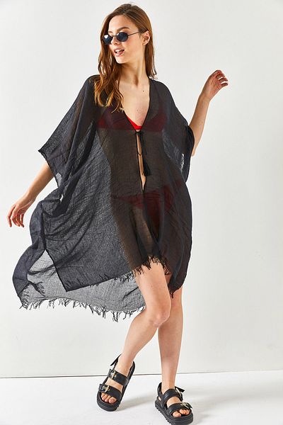 Olalook Schwarzer Pareo-Kimono mit Schlitz und Spitze für Damen KMN-00000063