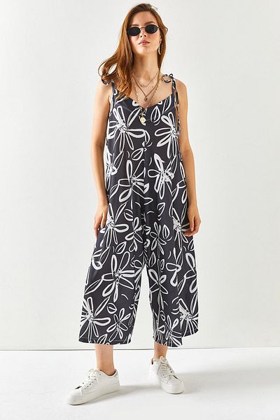 Olalook Women's Black Strap Tie Patterned Camisole Jumpsuit TLM-19000149