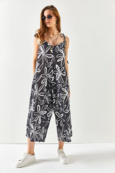 Olalook Women's Black Strap Tie Patterned Camisole Jumpsuit TLM-19000149